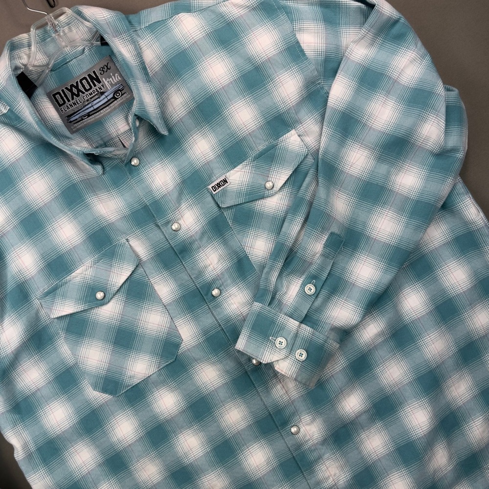 Dixxon Flannel Co Fria Men 3X Teal White Plaid Excellent Snap Front D-Tech Shirt